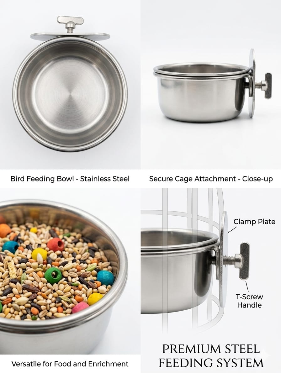 Stainless Steel Bird Feeding Bowl with Cage Clamp-Small