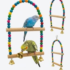 Colorful Wooden Bead Bird Swing Perch with Bells-Large