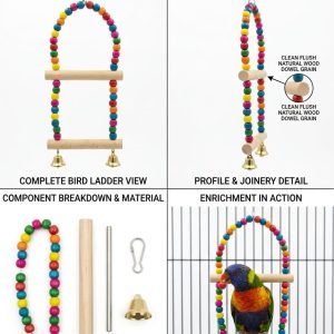 Colorful Wooden Bead Bird Ladder Swing with Bells