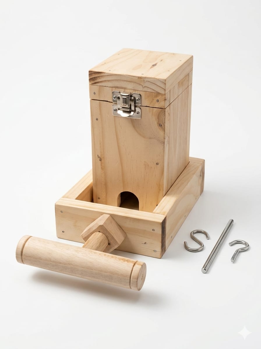 Natural Wooden Bird Seed Feeder with Perch & Collection Tray